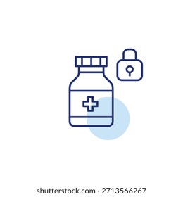 Bottle of pills and lock. Protected medication data, secure prescriptions. Pixel perfect, editable stroke vector icon