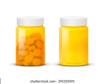 Bottle of pills medical container empty and with tablets on white background. Vector EPS10