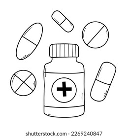 Botella con pastillas. Medicina en forma de doodle. Ilustración vectorial. Estilo lineal.