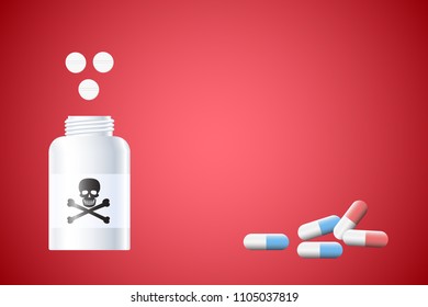 bottle with pills on a blue background. A poisonous substance with a death mark on its packaging.