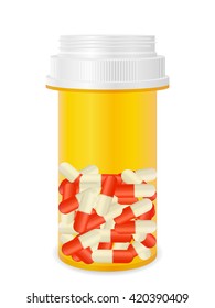 Bottle with pills on a white background.