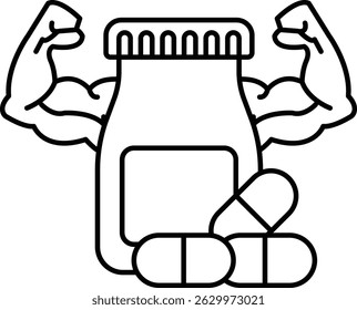 A bottle of pills is shown with a man's arms raised above it. Concept of strength and power, as if the pills are a source of energy or vitality