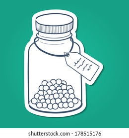 Bottle with pills. Sketch sticker element for medical or health care design