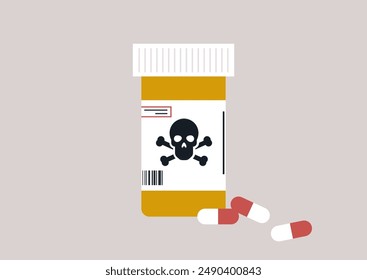 A bottle of pills with a skull and crossbones warning label sits on a table, with capsules scattered nearby