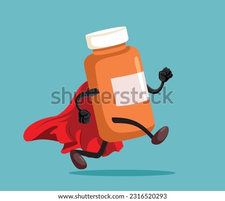 
Bottle of Pills Superhero Vector Character Running with Energy. Energy medicine supplement for a healthy and active lifestyle 
