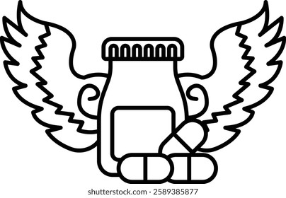 A bottle of pills is surrounded by wings and is placed on a white background