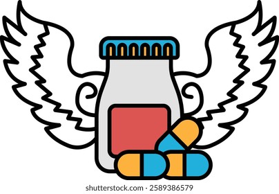 A bottle of pills is surrounded by wings and is placed on a white background. Concept of hope and healing, as the wings represent the ability to soar above any obstacles