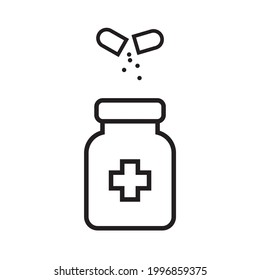 Frasco con ilustración vectorial de pastillas aisladas en fondo blanco. Suministros médicos antivirus, concepto de epidemia mortal de coronavirus, botella de vitamina.