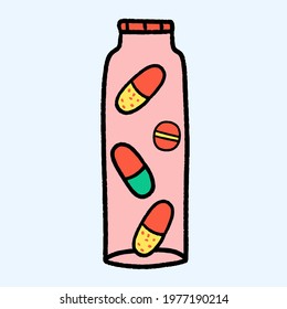  a bottle with pills and vitamins.Case for pills as indicated by a doctor.Dietary supplements for health care. Surreal medications.Hand drawn pencil style.baby medicine sticker
