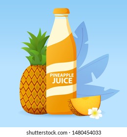 Bottle of pineapple juice. Tropical citrus juice. Flat vector illustration.Vegan and vegetarian food.Website banner concept.