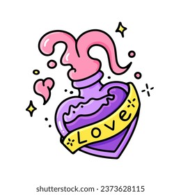 Una botella de poción de amor rosa en forma de corazón. Un símbolo mágico de brujería. Un elemento gráfico de Halloween, una inscripción de la palabra amor. Ilustración vectorial de la alquimia, magia negra.
