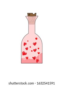 Bottle with pink magic love potion with hearts isolated on white background, vector illustration.	