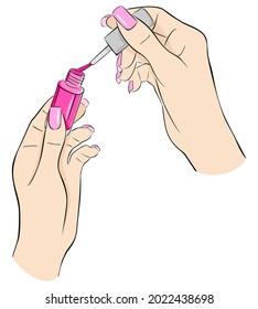 A bottle of pink nail polish. Female hands with manicure and varnish