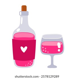 Bottle of pink wine and a glass of wine. Bottle with pink label. Cute simple illustration for valentine's day card, white background.	