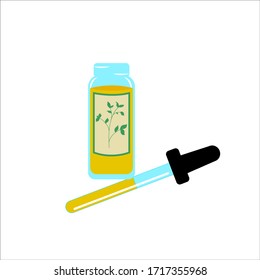 Bottle with a pipette and with essential vegetable oil. Vector flat cartoon illustration.
