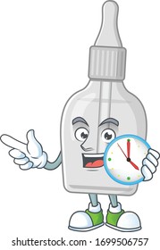 Bottle with pipette mascot design concept holding a circle clock