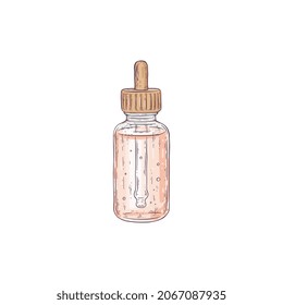 Frasco con pipeta de aceite esencial rosa o esencia aroma, dibujo a mano estilo de dibujo ilustración vectorial aislado en fondo blanco. Fragrancia o botella de aceite cosmético.