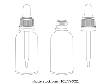 Bottle with a pipette, vector outline drawing, contour picture, coloring, black and white illustration. Transparent empty vial with pipette inside and pipette separately. Isolated on white background