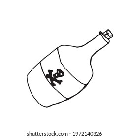A bottle of pirate rum with a skull on it. Vector children's illustration. A set for children's holidays. Print on fabric. Doodle. Drawing for postcards and invitations.
