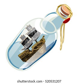 Bottle with pirate ship isolated on a white background. Vector illustration.