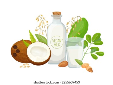 Bottle with a plant based milk. Oat, rice, coconut, soy, hemp. Vegetarian or vegan product. Alternative healthy dairy-products. Vector illustration isolated on transparent background in cartoon style