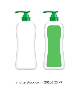bottle plastic and green label, packaging liquid shower soap hygiene, mock-up bottle soap gel, bottle body soap gel or shampoo container, vector, 3D illustration