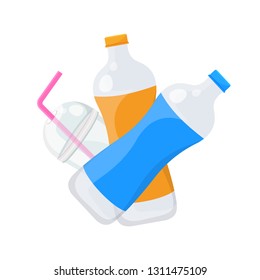 bottle plastic waste dump isolated on white background, plastic bottle garbage waste and straws in plastic cup garbage, illustration garbage waste for pollution (vector)