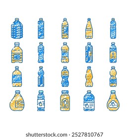 bottle plastic water drink doodle icons set vector. sketch line art beverage blue, liquid object, mineral empty, cap blank, clean set, soda bottle plastic water drink color illustrations