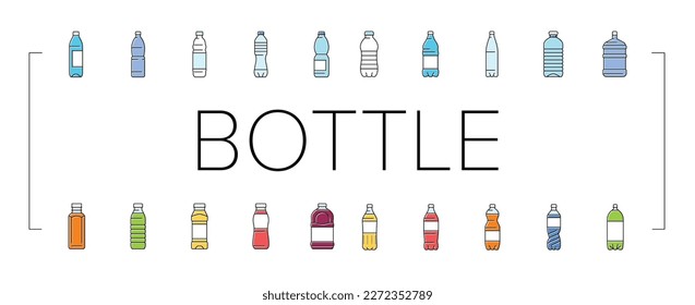 bottle plastic water drink empty icons set vector. blue beverage, transparent object, recycle mineral, liquid, recycling soda, clean bottle plastic water drink empty color line illustrations