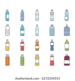 bottle plastic water drink empty icons set vector. blue beverage, transparent object, recycle mineral, liquid, recycling soda, clean bottle plastic water drink empty color line illustrations