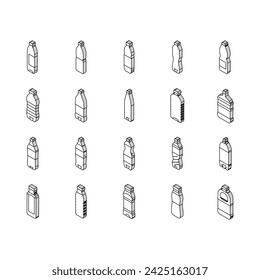 bottle plastic water drink empty isometric icons set. blue beverage, transparent object, recycle mineral, liquid, recycling soda, clean bottle plastic water drink empty color line