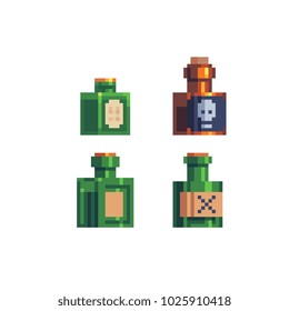 Bottle of poison and alcohol icons pixel art flat style. Game assets. 8-bit style. Sticker design. Isolated abstract vector illustration. 