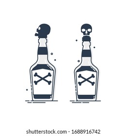 Bottle poison alcohol skull for concept design. Dangerous container. Potion beverage bar drink concept. Alcohol addiction icon. Venom, danger symbol. Isolated illustration in white background.
