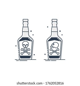 Bottle poison alcohol skull for concept design. Dangerous container. Potion beverage bar drink concept. Alcohol addiction icon. Venom, danger symbol. Isolated illustration in white background. Vector
