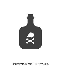 Bottle poison alcohol skull side view for concept design. Dangerous container. Potion beverage bar drink concept. Alcohol addiction icon. Venom, danger symbol. Isolated flat illustration. Vector.
