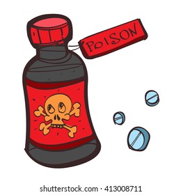 Bottle with poison colored button with a black outline on a white background.