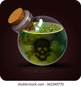 Bottle with poison. Game icon of magic elixir. Vector design for app user interface. Asphyxiation, death, plague, poison, silence, malaise, envenom