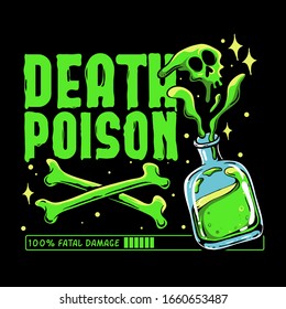 Bottle of poison illustration. Death Poison with skull. Green toxic with crossbones. Skull template design for sticker, patch, poster, or t-shirt