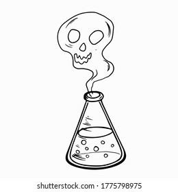Bottle of poison magic elixir. Glass flask with liquid and steam in the form of a skull. Mystical and creepy element of Halloween decor. Stock vector hand drawn illusion isolated on white background.