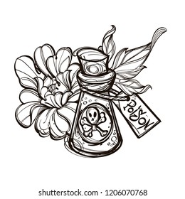 Bottle of poison and peony flower. Outline vector illustration isolated on white background.