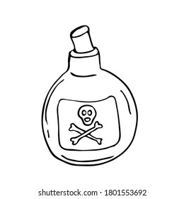 A bottle of poison and a skull. Magic potion for Halloween. Vector illustration in the Doodle style. Isolated object on a white background.