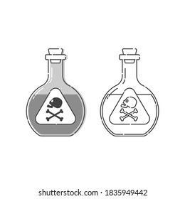 Bottle poison with skull in profile for concept design. Dangerous container. Potion beverage medical concept. Chemistry addiction icon. Venom, danger symbol. Isolated flat illustration. Vector. 

