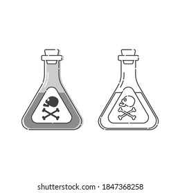 Bottle poison with skull in profile and full face for concept design. Dangerous container. Potion beverage medical concept. Chemistry addiction icon. Venom, danger symbol. Isolated flat illustration.
