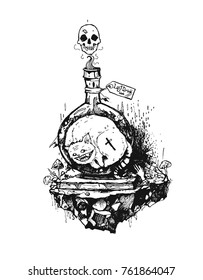 The bottle of poison with smiling cat inside. Strange, dark, magic illustration. It can be used for printing on t-shirts, postcards, or used as ideas for tattoos.