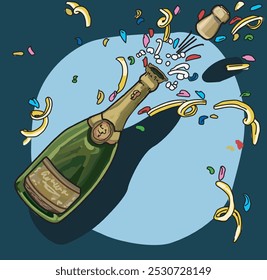 bottle of popping champagne with flying confetti party dark theme