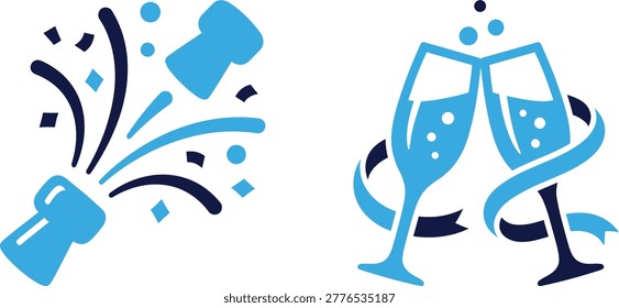Bottle pops, confetti flies, two glasses clink. Celebration and party success. Festive occasion.