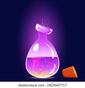 Bottle with potion in cartoon style. Glass bottle in cartoon style. Flat cartoon style. Game element. Gradient.