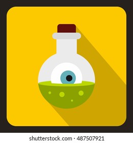 Bottle with potion and eye icon in flat style on a yellow background vector illustration