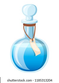 Bottle with potion. Game icon of magic elixir. Blue potion flat icon. Mana or magic elixir. Vector illustration isolated on white background.