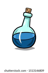 Bottle with potion. Game icon of magic elixir. Blue potion flat icon. Mana or magic elixir. Vector illustration isolated on white background.
